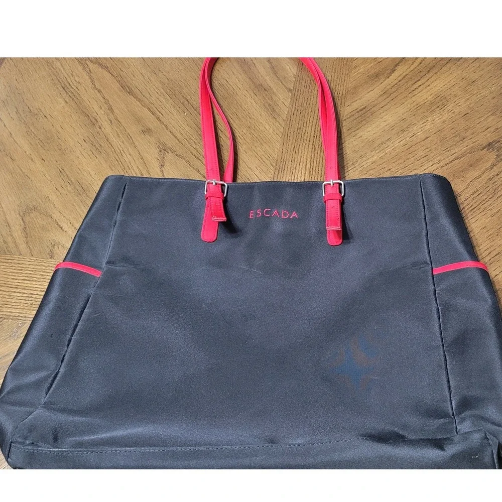Escada Black with Red Trim Tote Bag Embroidered Logo Shoulder Shopper Purse